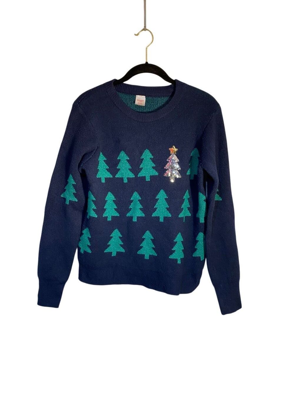 Holiday time women’s navy blue Christmas tree sequin sweater XS